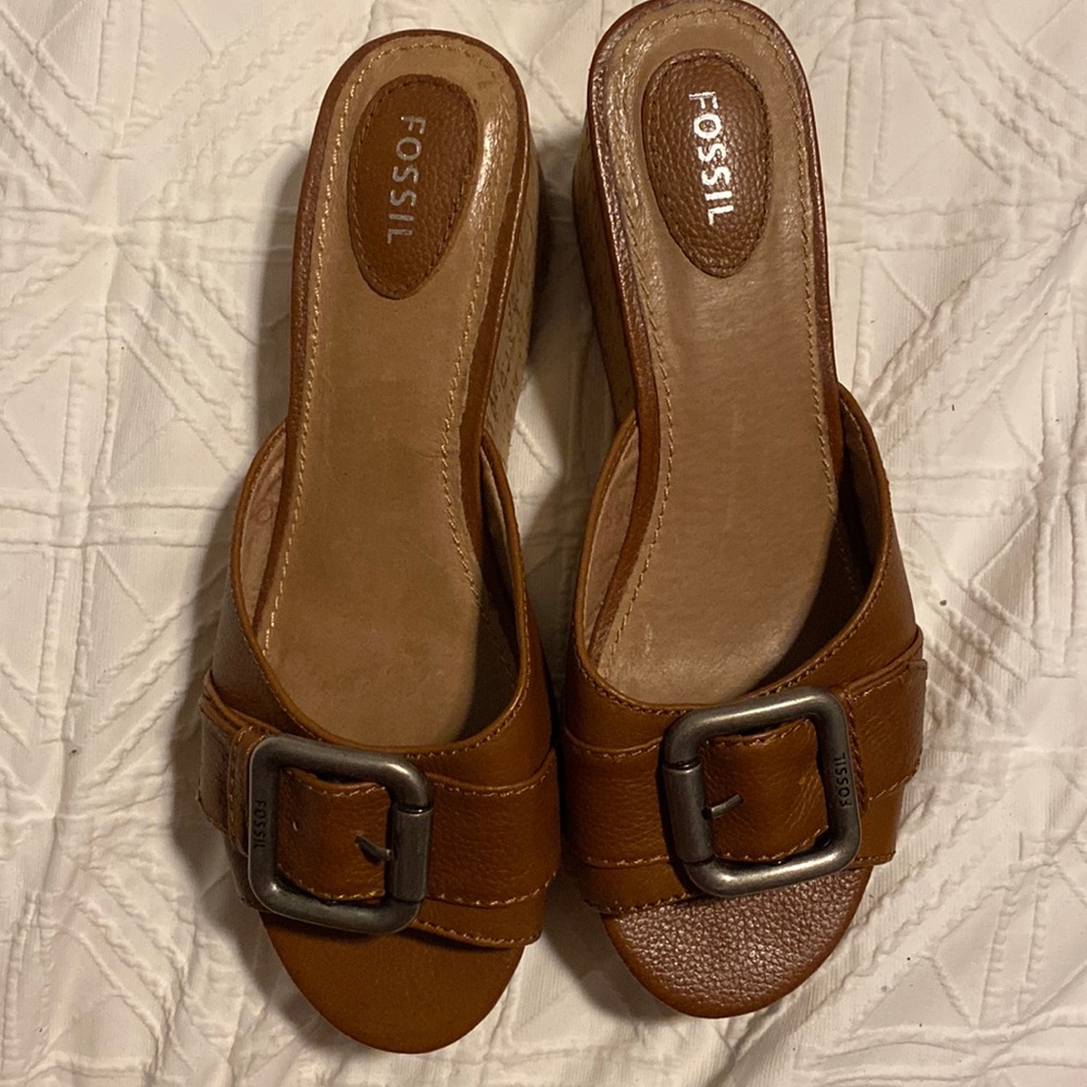 Fossil sandals, size 9, cork wedge, rubber sole. Fabulous shoe. GUC